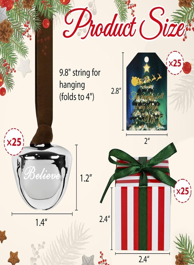 Kuabiz 25 Sets Christmas Believe Bells Bulk Polar Santa Sleigh Bells Santa Gift Silver Reindeer Bell Ornaments with Boxes Ribbon Tags Christmas Stocking Stuffers Tree Keepsake Classic Aesthetic Home Decor - Image 2